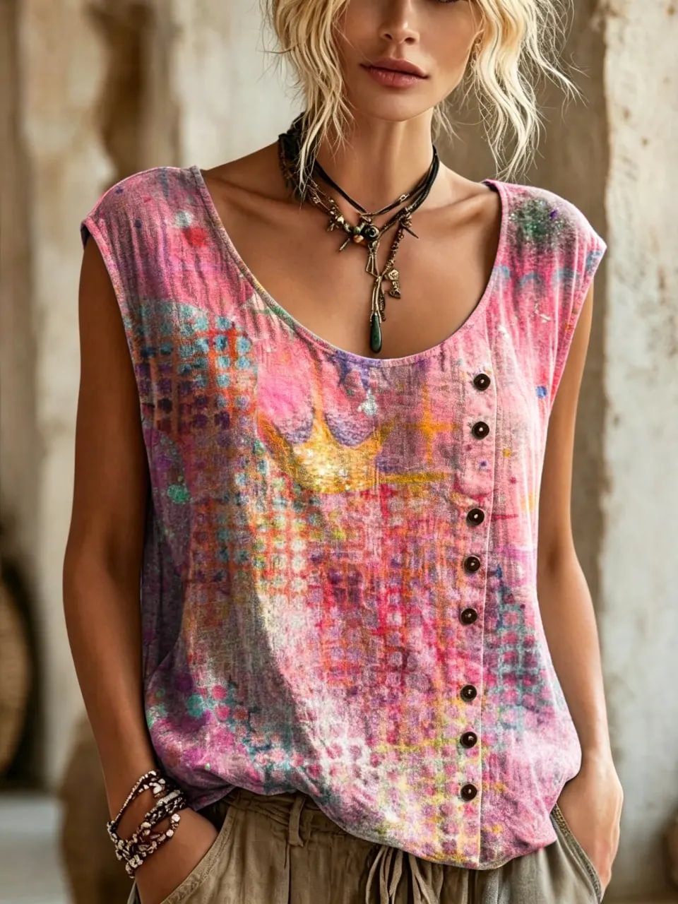 Women's Watercolor Gradient Print Button Detail Sleeveless Top