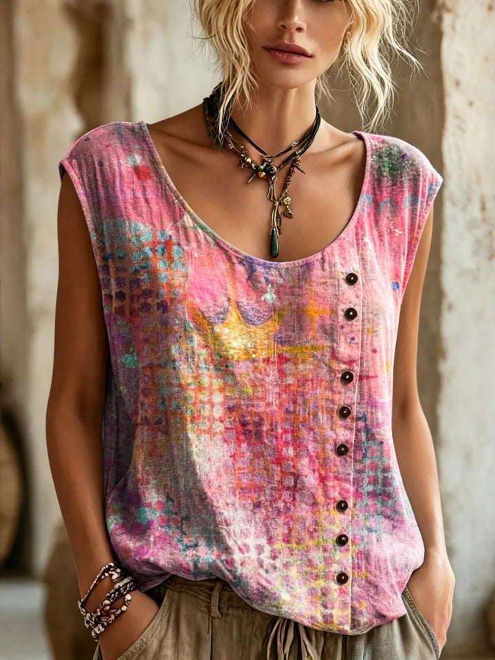 Women's Watercolor Gradient Print Button Detail Sleeveless Top