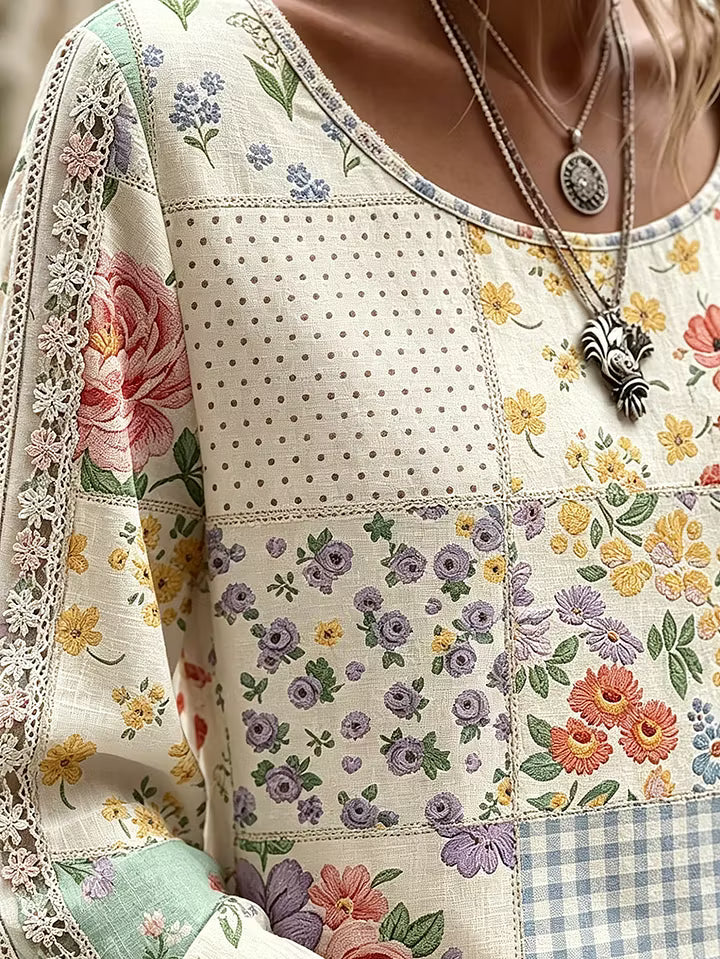 Women's Floral Gingham Patchwork Print Cotton Lace Long Sleeve Top