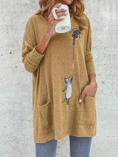 Comfysol Cartoon Cat Print Pockets Long Sleeve Loose Blouse