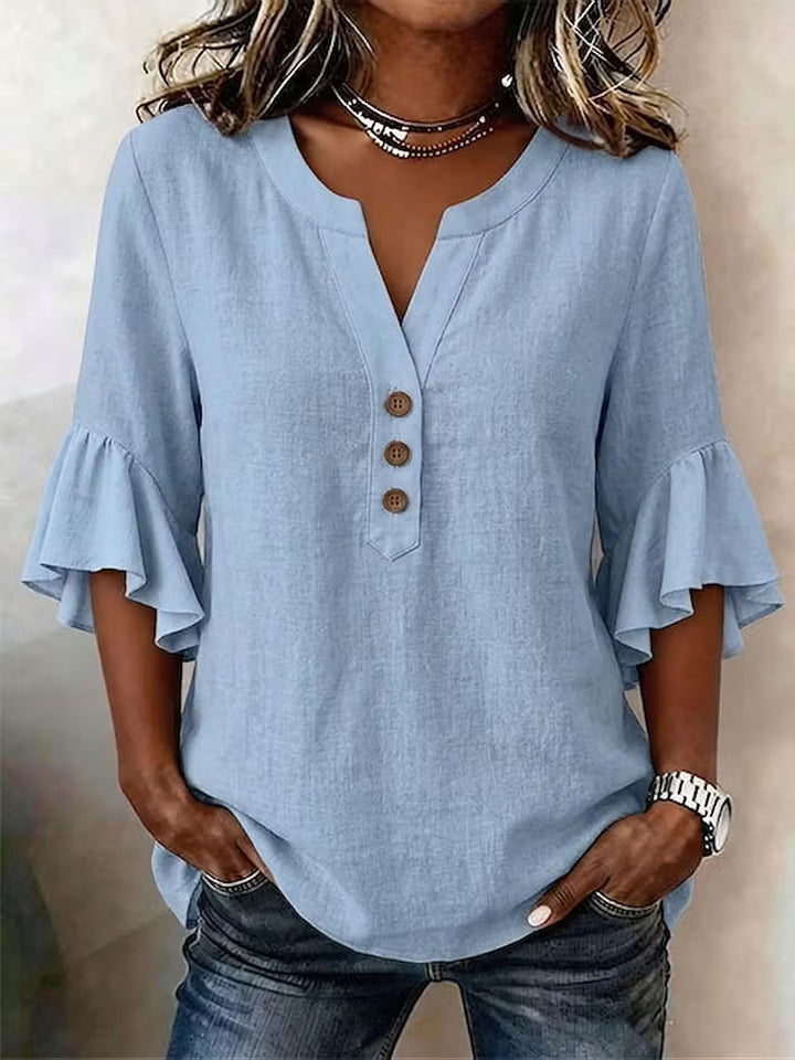 Women's Solid-color V-neck 3/4-sleeve Casual Loose Cotton-linen To