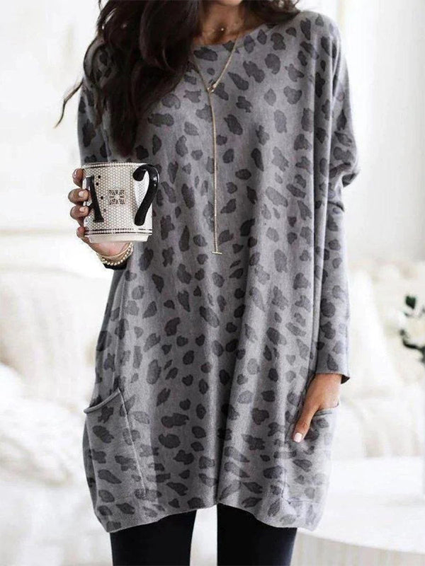Comfysol Grey Casual Graphic Tops Round Neck Long Sleeve Leopard Printed Sweatshirts