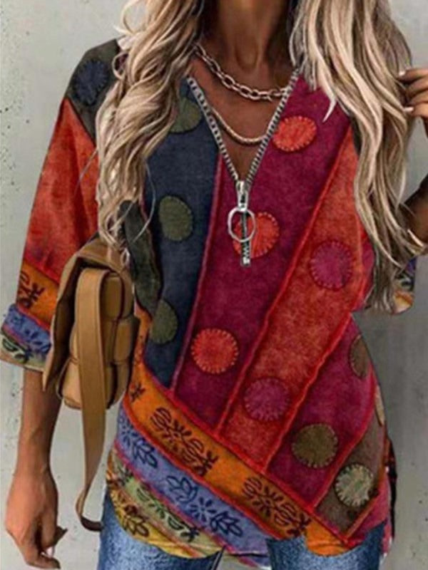 Comfysol Red Casual Graphic Tops V-neck Long Sleeve Splicing Blouse
