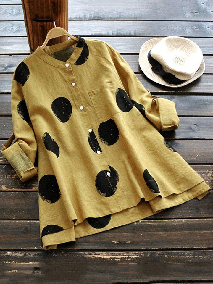 Comfysol Casual Polka Dot Irregular Long Sleeve Stand Collar Blouse