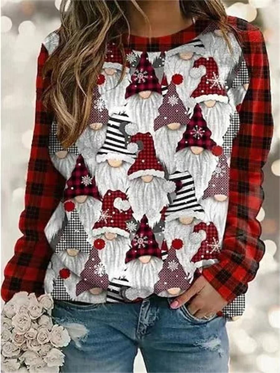 Comfysol Red Casual Graphic Tops Round Neck Printed Long Sleeve Xmas Sweatshirts