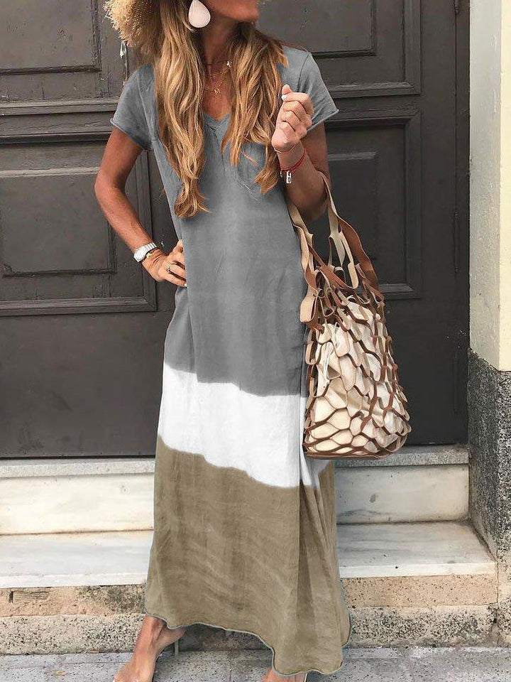 Comfysol V-neck Stripe Patchwork Casual Short Sleeve Maxi Dresses