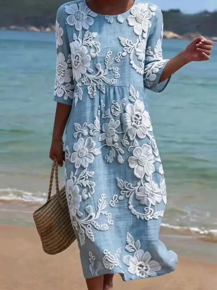 Round Neck Floral Applique Midi Dress for Summer