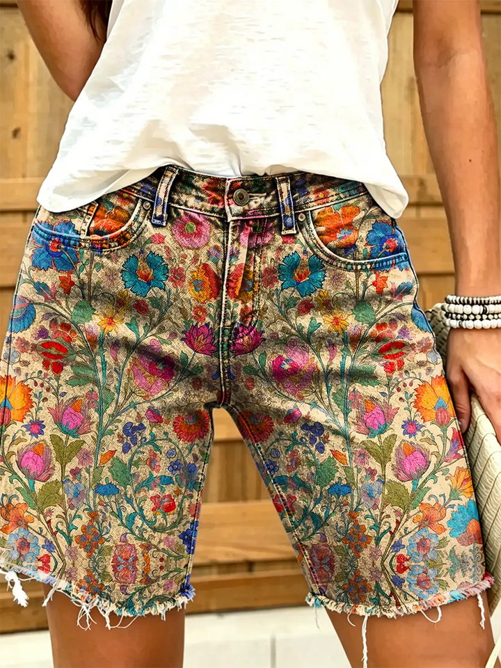 Women Ethnic Floral Art Print Casual Denim Shorts
