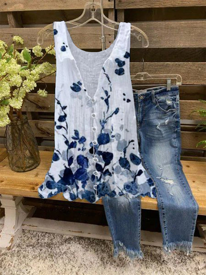 Comfysol Casual Summer V-neck Floral Print Sleeveless Blouse