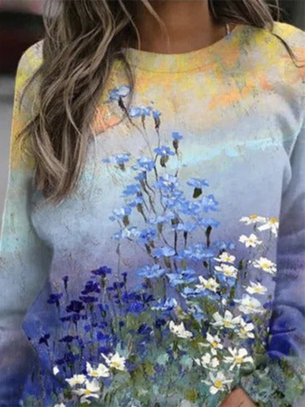 Comfysol Multicolor Casual Graphic Tops Round Neck Long Sleeve Floral Printed Sweatshirts