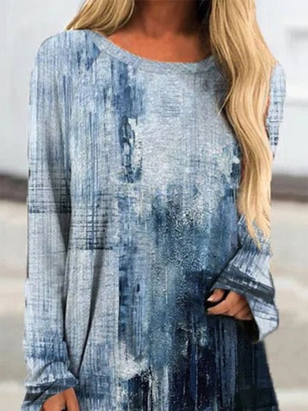 Comfysol Blue Casual Graphic Tops Round Neck Long Sleeve Vintage Printed Sweatshirts