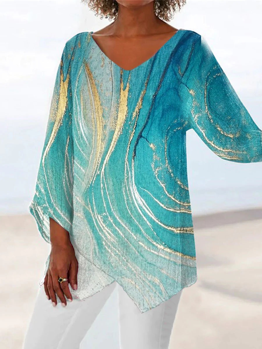 Comfysol Colorful Casual V Neck Printed Long Sleeve Blouse