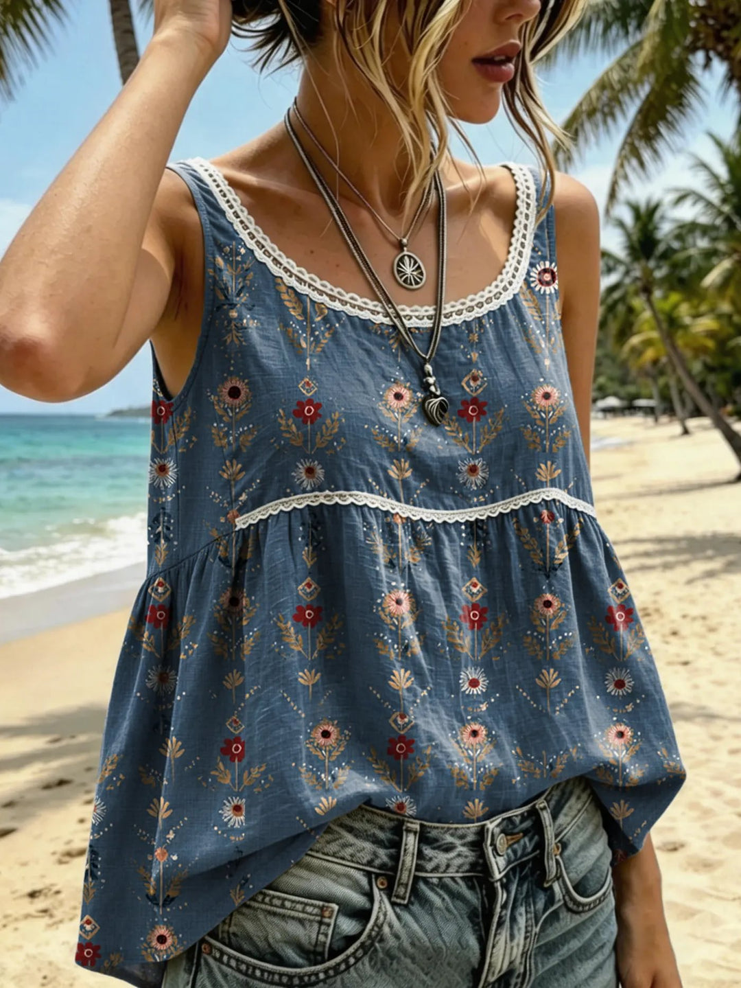 Women's Ethnic Floral-print Artistic Lace Crew-neck Tank Top