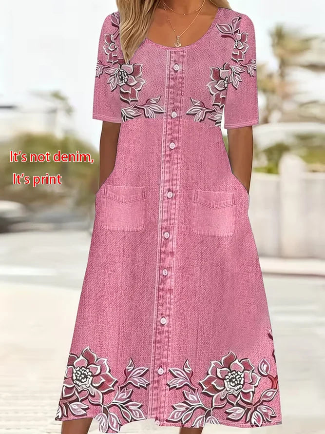 Women Floral Short Sleeve Crew Neck Printing Dress Daily Casual Maxi Shift Dress H-Line Summer Dress