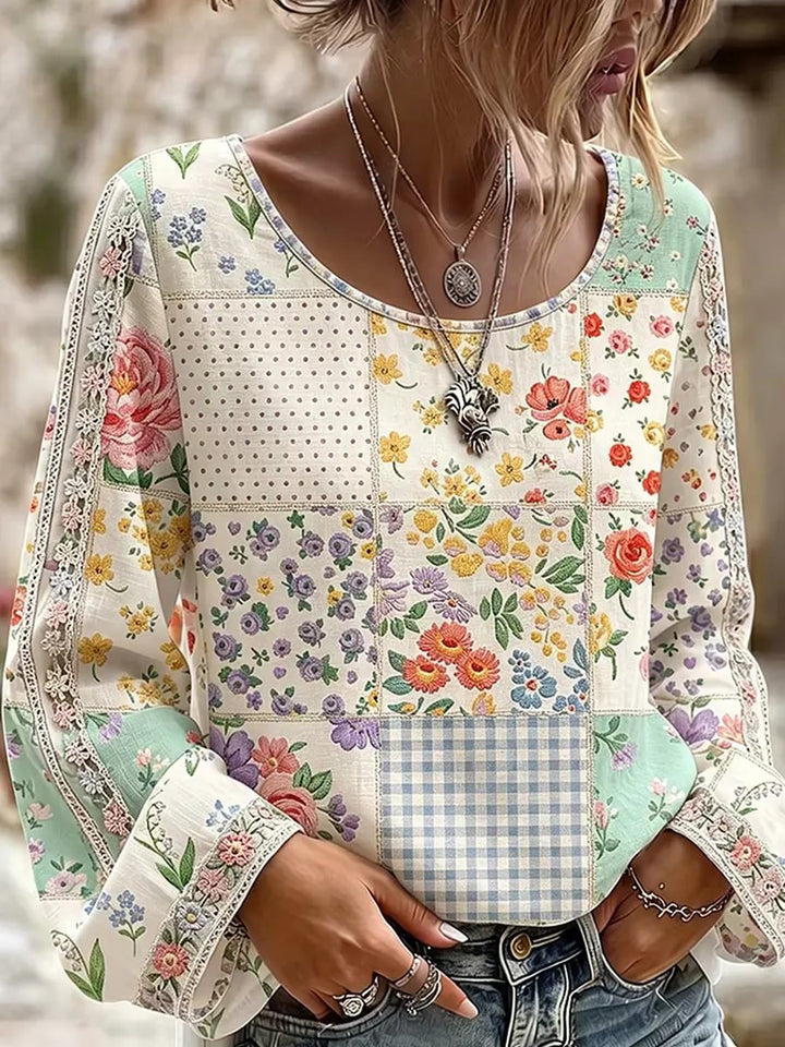 Women's Floral Gingham Patchwork Print Cotton Lace Long Sleeve Top