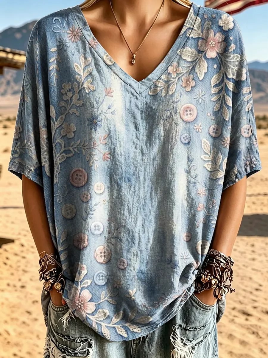 Women's Floral Pastel Print Cotton V-Neck Loose Top