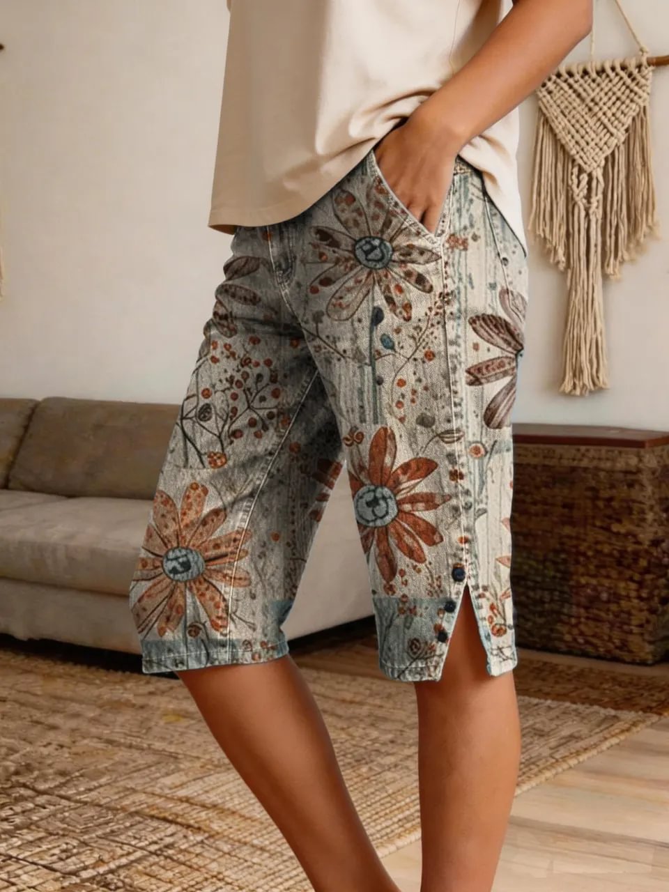 Women Vintage Boho Floral Print Denim Shorts