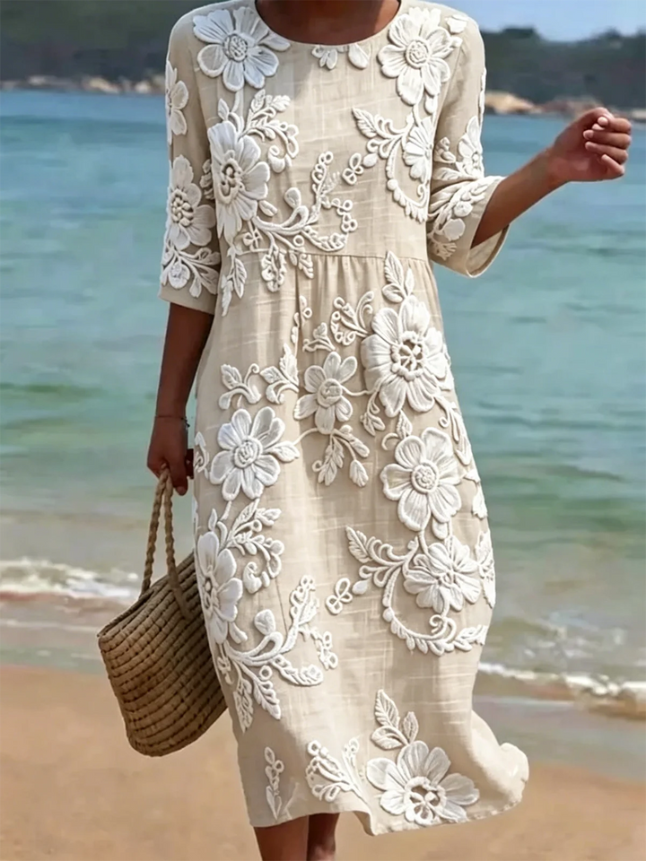 Round Neck Floral Applique Midi Dress for Summer