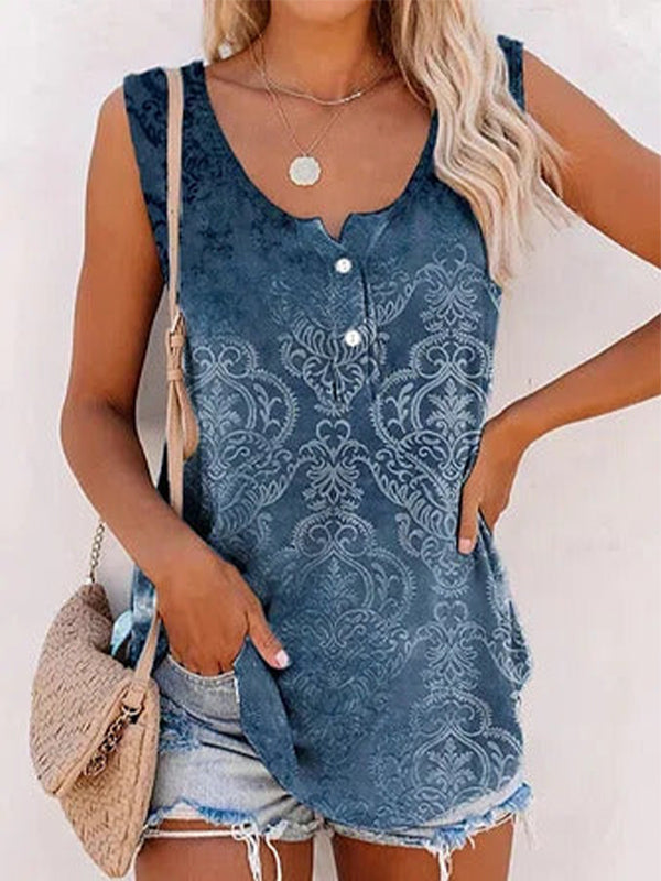 Comfysol Blue Casual Round Neck Sleeveless Geometric Printed Blouse