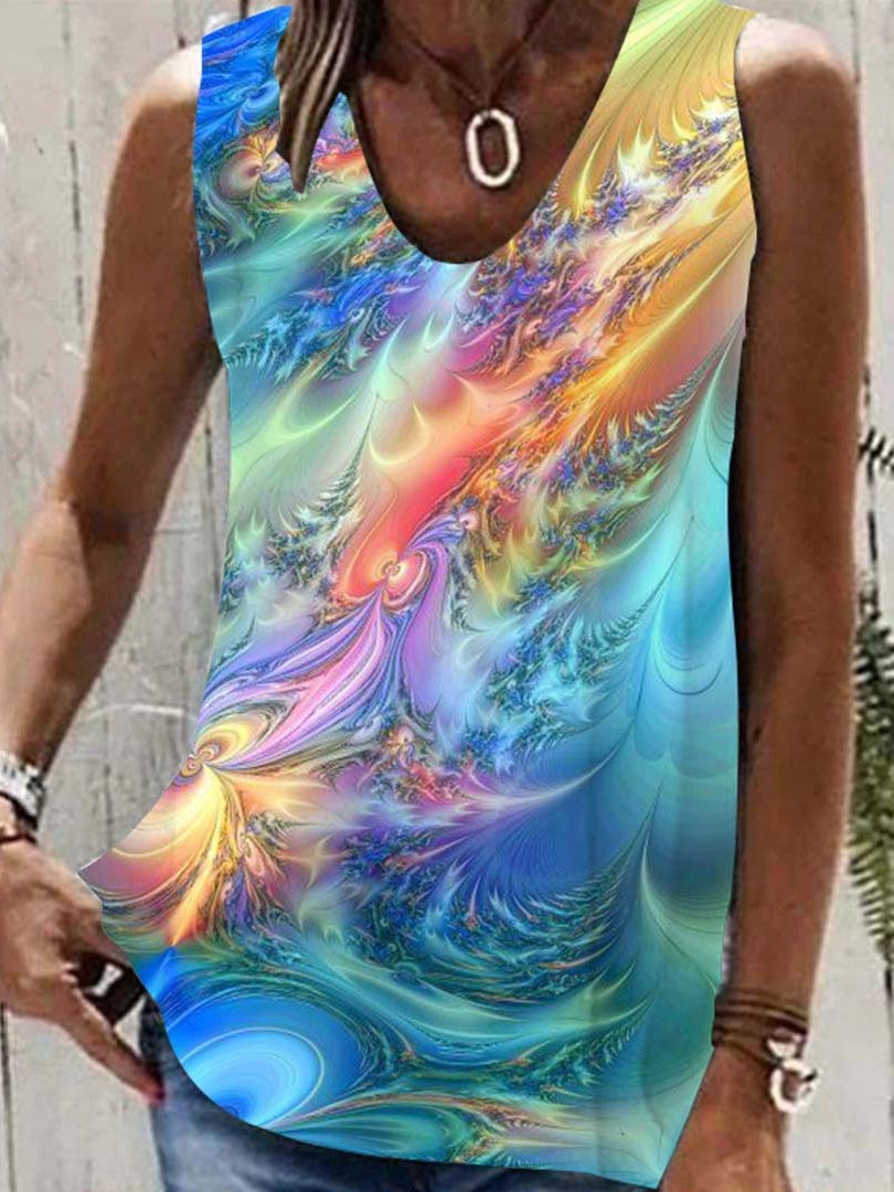 Comfysol Blue Casual V Neck Printed Sleeveless Tank
