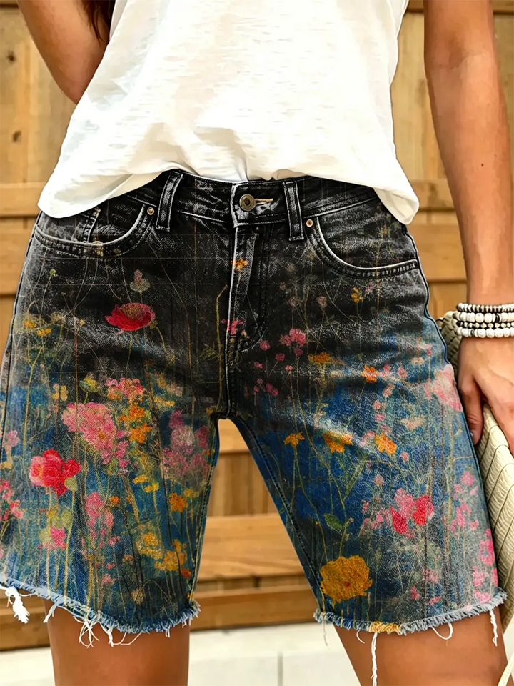 Women's Vintage Wildflower Print Washed Denim Bermuda Shorts