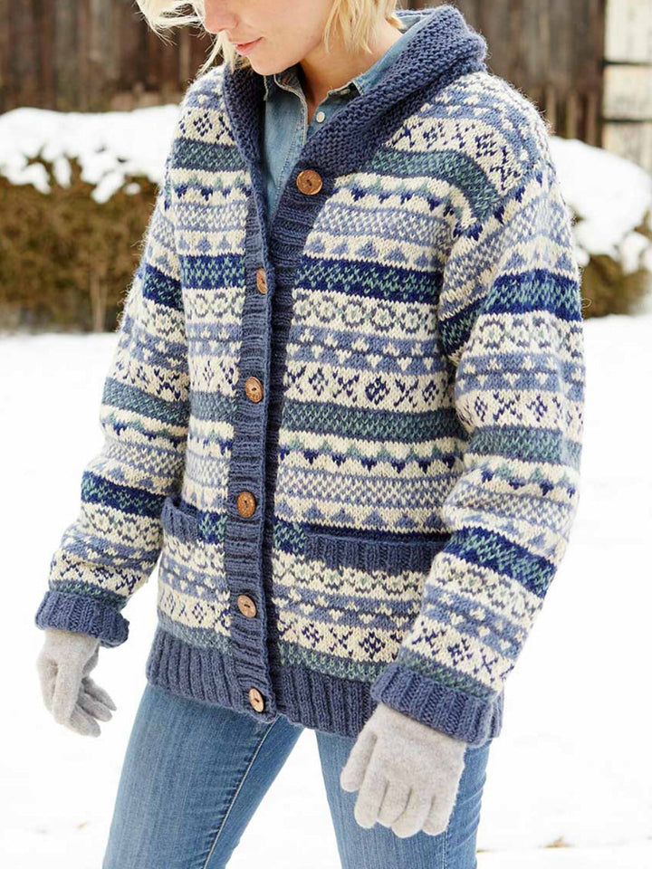Comfysol Women's Hand Knitted Shawl Collar Fair Isle Cardigan