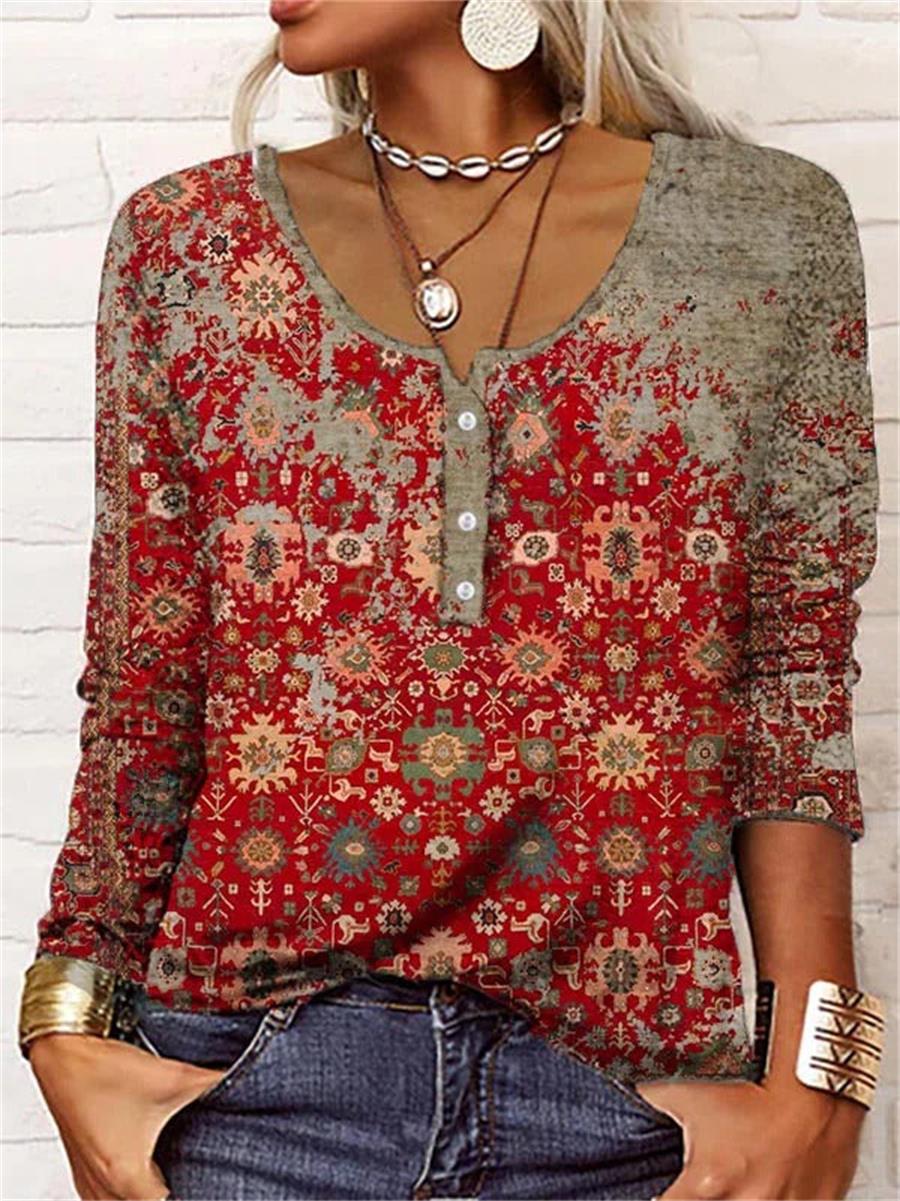 Comfysol Multicolor Casual Round Neck Printed Long Sleeve Blouse