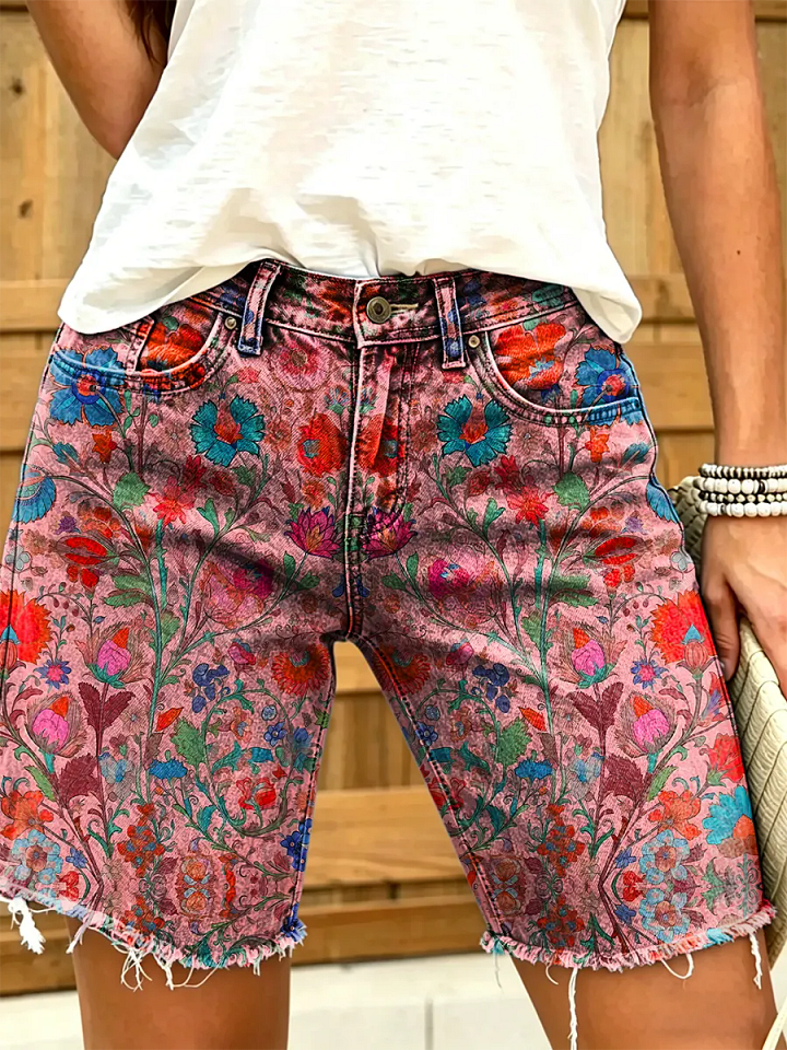 Women Ethnic Floral Art Print Casual Denim Shorts