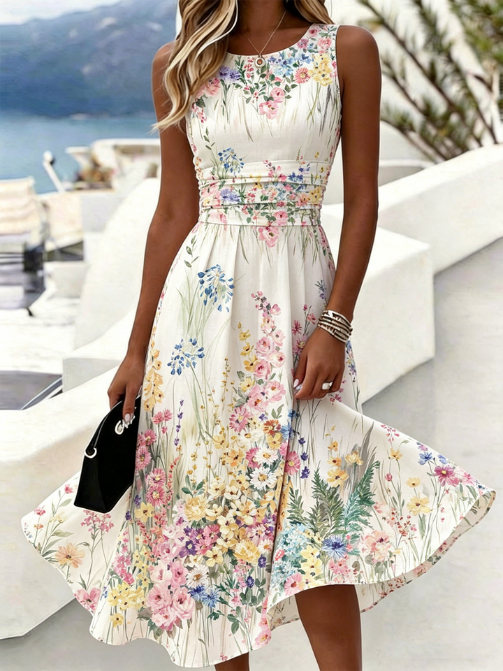 Floral Print Crew Neck Sleeveless Waist Cinched Summer Dress