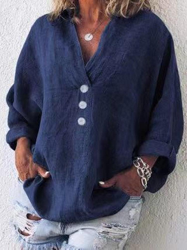 Comfysol Button Solid Color Loose Casual Long Sleeve Blouse
