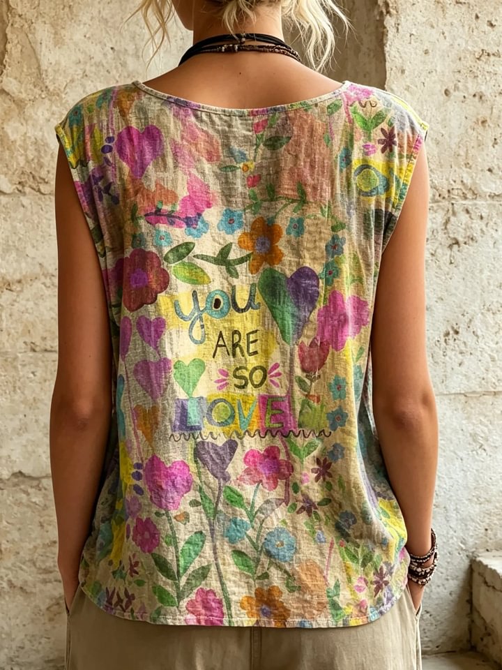 Women's Heart Floral Text Print Button Detail Sleeveless Top