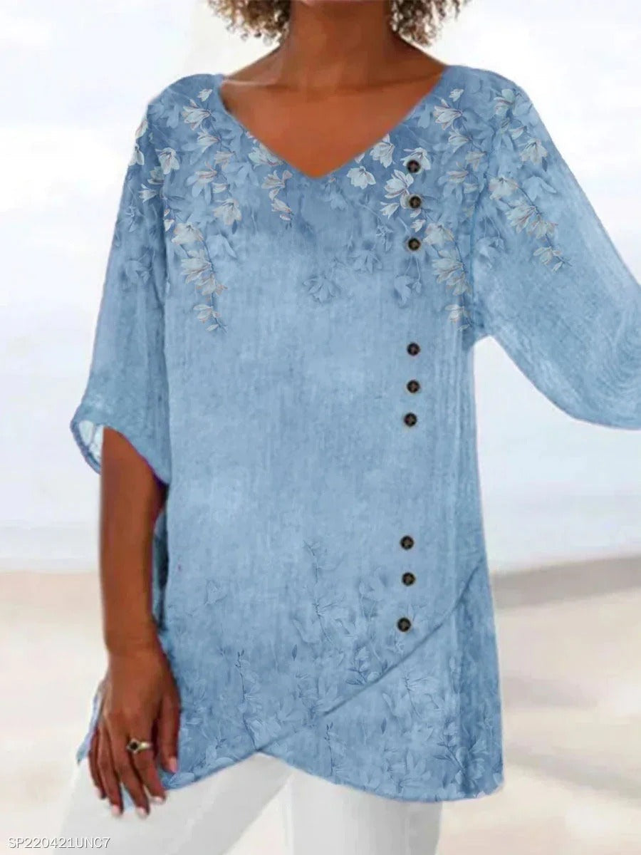 Comfysol Blue Casual V Neck Floral Printed Half Sleeve Blouse