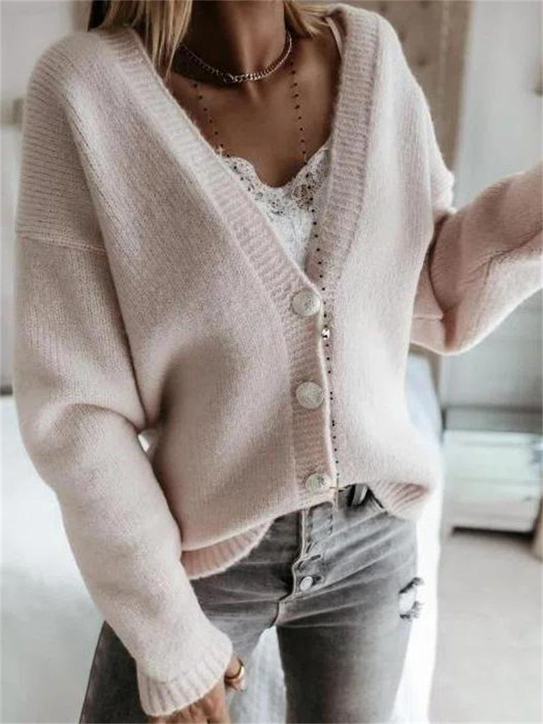 Comfysol White Casual V-neck Buttons Long Sleeve Sweater Cardigan