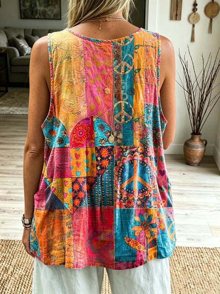 Women's Boho Patchwork Peace Floral Print Sleeveless Tank Top