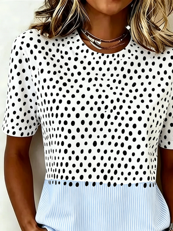 Blue White Polka Dot Striped Casual Short Sleeve Tee