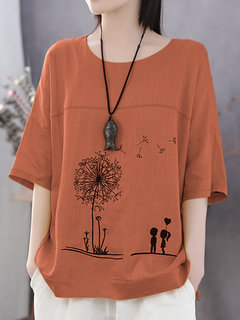 Comfysol Summer Print Flower Casual Short Sleeve Cotton Blouse