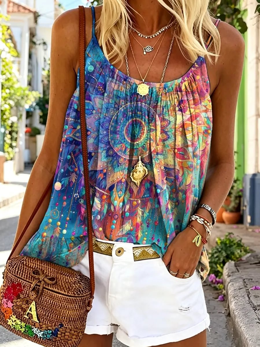 Women's Rainbow Mandala Art Print Spaghetti Strap Camisole Top