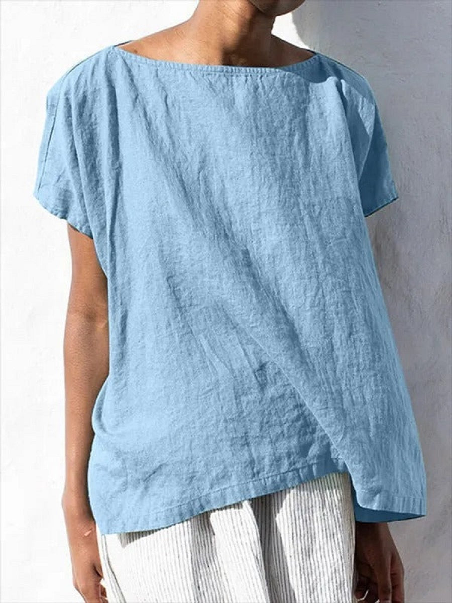 Comfysol Blue Casual Round Neck Solid Short Sleeve Blouse
