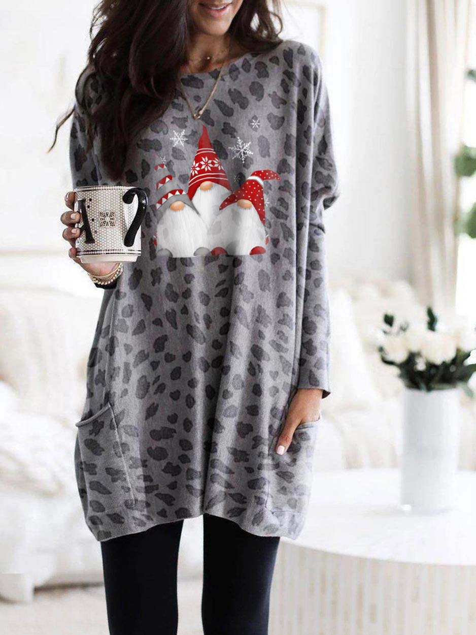Comfysol Women's Scandinavian Gnomes Christmas Leopard Print Long Sleeve T-shirt