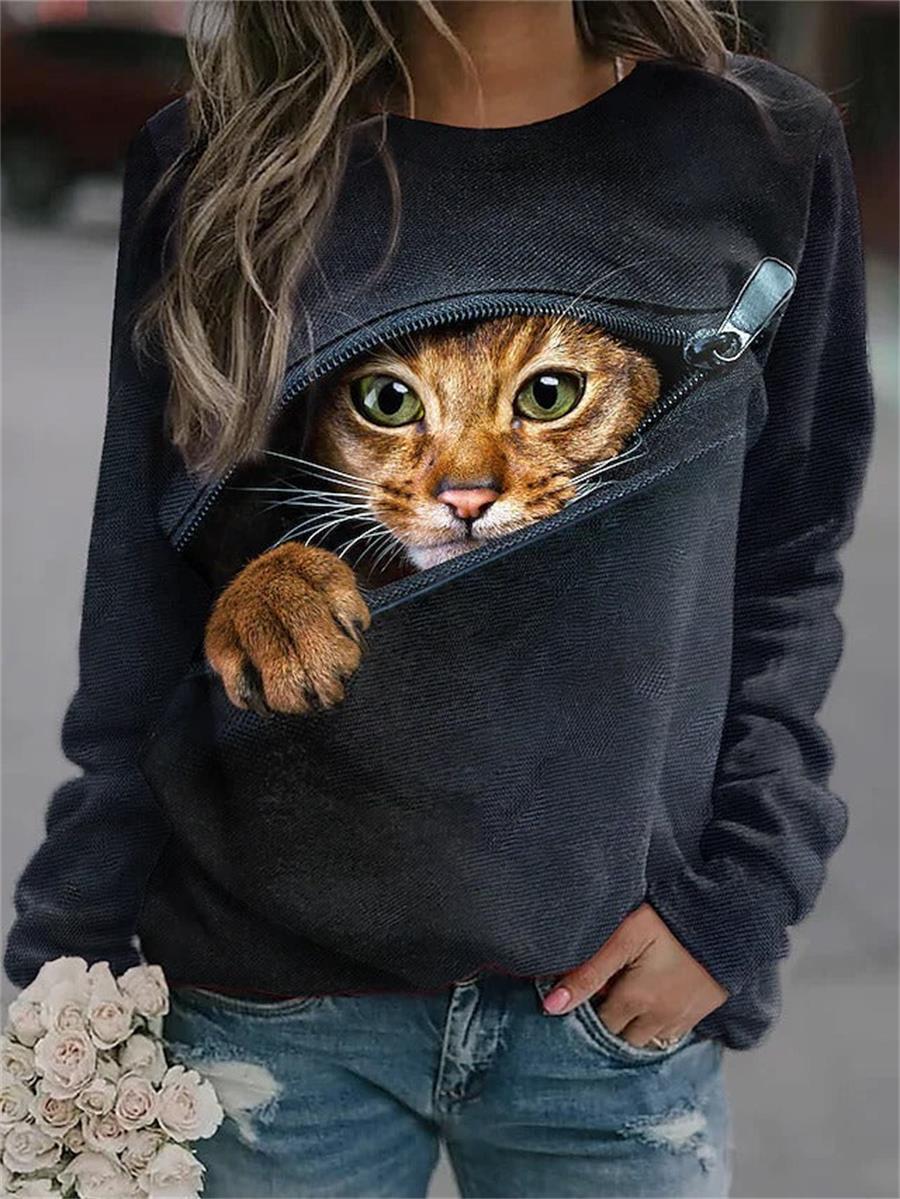 Comfysol Blue Casual Graphic Tops Round Neck Cat Printed Long Sleeve Sweatshirts