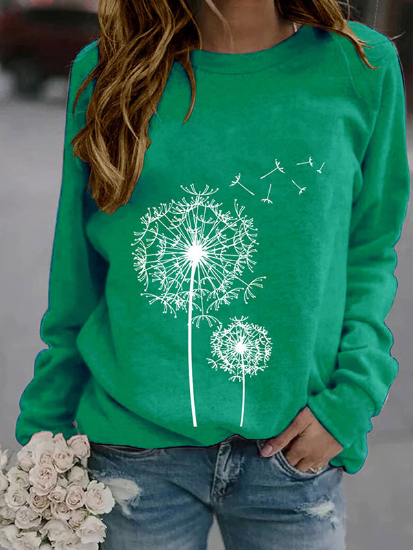 Comfysol Green Casual Round Neck Long Sleeve Dandelion Printed Sweatshirts