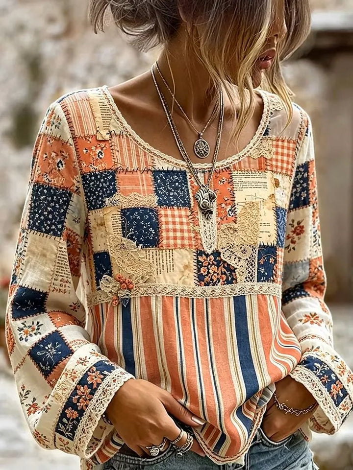 Women's Retro Patchwork & Floral Print Cotton Lace Long Sleeve Top