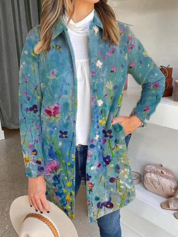 Comfysol Sky Blue Casual Lapel Long Sleeve Floral Printed Coats