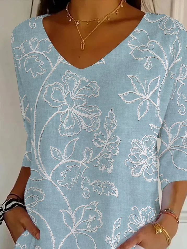 Blue Floral V-Neck Short Sleeve Casual T-shirt