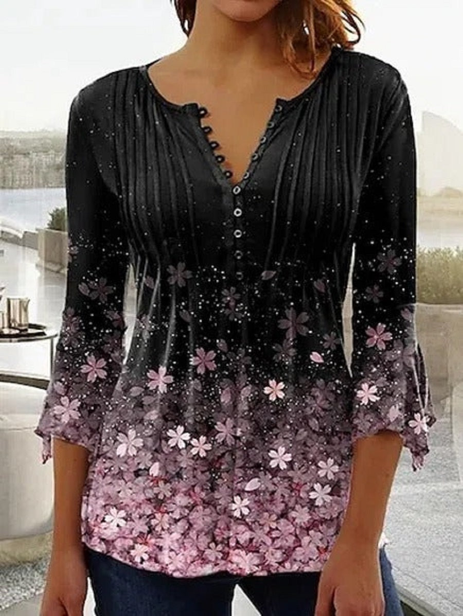 Comfysol Black Casual V Neck Floral Printed Long Sleeve Blouse