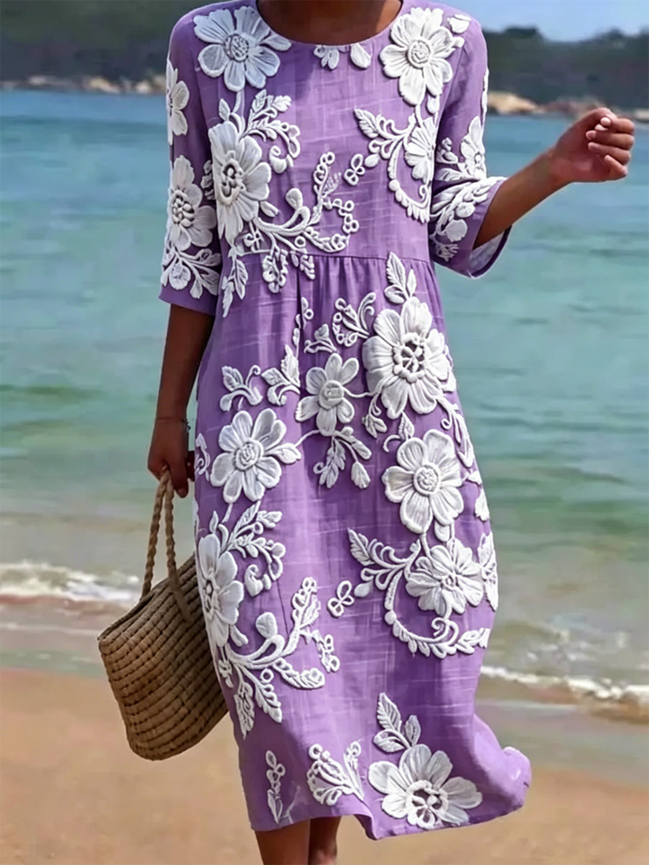 Round Neck Floral Applique Midi Dress for Summer