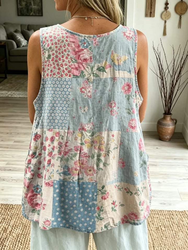 Women's Vintage Patchwork Floral & Polka Dot Print Sleeveless Tank Top