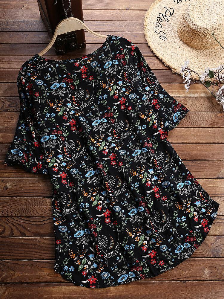 Comfysol Vintage Print Floral Short Sleeve Crew Neck Blouse