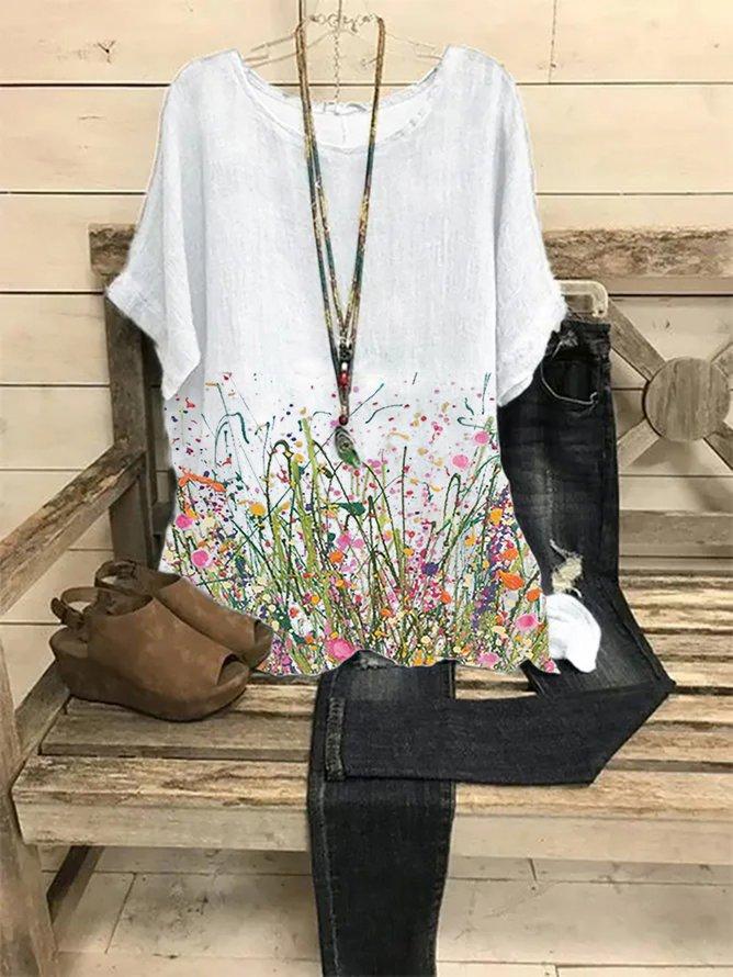 Comfysol Crew Neck Casual Floral Print Short Sleeve Blouse
