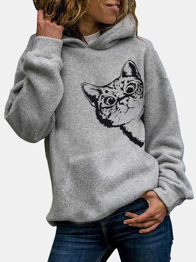 Comfysol Cat Print Long Sleeve Pocket Casual Hoodie